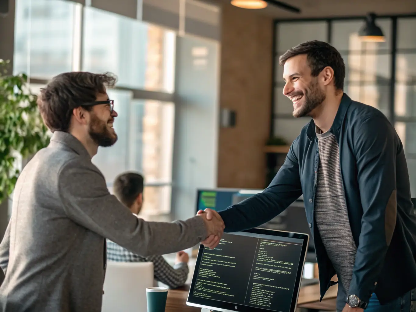 Happy clients shaking hands with a Proobra.es project manager in front of a completed renovation project, symbolizing trust and satisfaction.