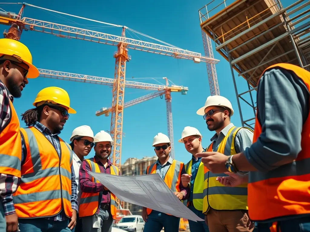 A construction site with Proobra.es workers collaborating on a residential building project, showcasing teamwork and precision.