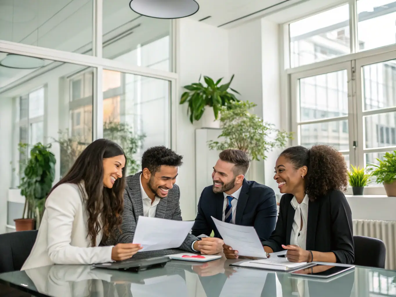 A diverse team of construction professionals collaborating on a blueprint in a modern office setting, symbolizing Proobra.es's experienced team.