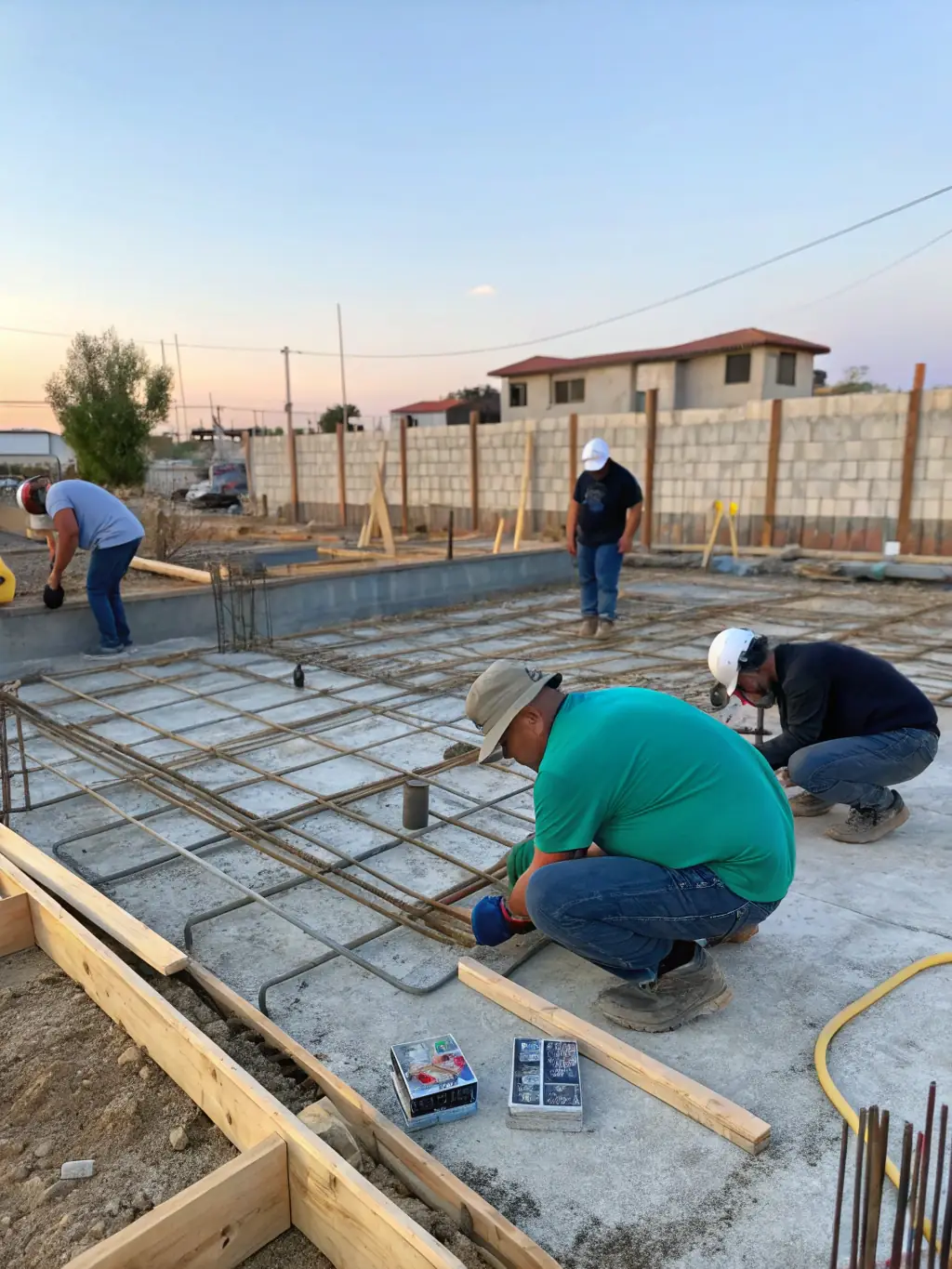 A construction site with workers laying the foundation for a new building, emphasizing Proobra.es's commitment to quality and precision in every project.