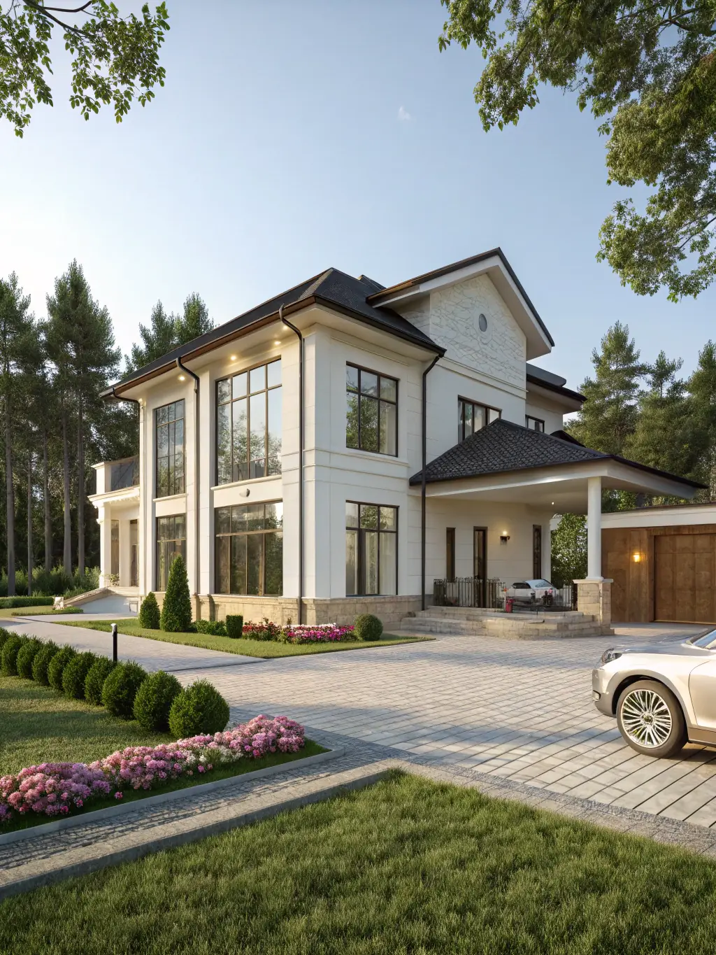 A high-angle shot of a newly constructed modern house with large windows and a well-manicured lawn, showcasing Proobra.es's expertise in residential construction.